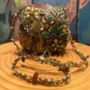 MARY FRANCES Women's Hand Bag Green Brown Beaded Floral Multicolor purse